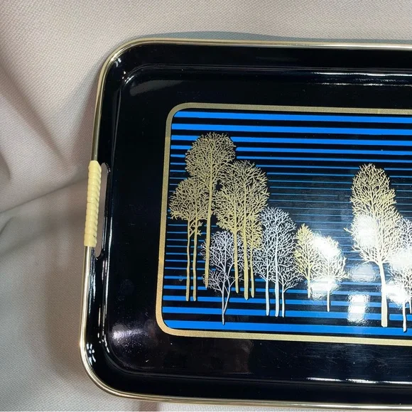 Japan Lacquerware Black Blue Tray Gold Leafing Trees Srednick Collection Forest - Picture 2 of 13